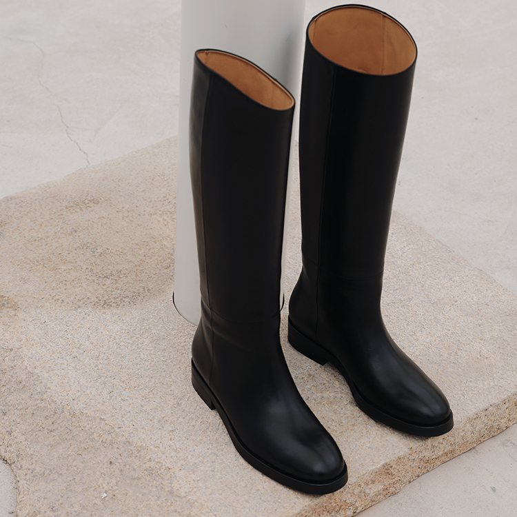 IORE理想矿石 原创设计 极简多维立体靴筒牛皮低跟及膝靴长靴