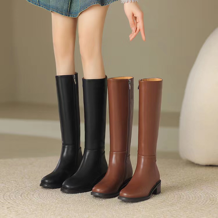 【卡米】平底长靴舒适圆头厚底骑士靴侧拉链高筒靴 6039