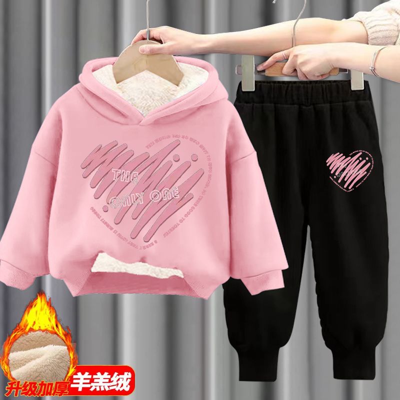 女童套装秋冬季保暖加厚洋气女孩时尚儿童加绒卫衣女大童两件套潮