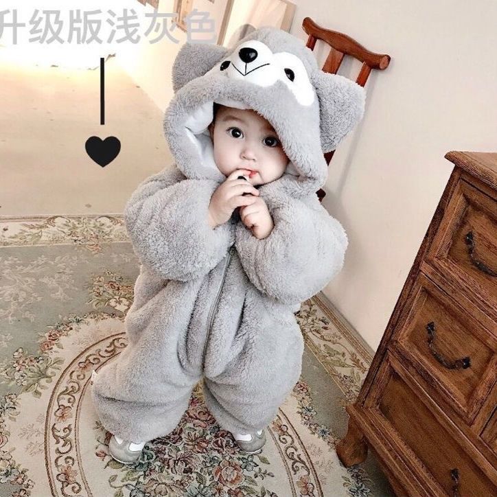 婴儿连体衣秋冬超萌衣服加绒夹棉新生睡袋男女宝宝套装睡衣外出服
