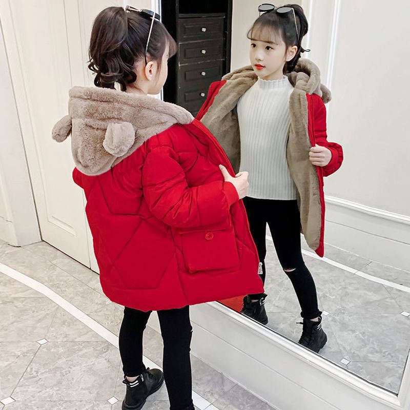 2023新款女童棉服加厚加绒冬装儿童中大童棉衣可爱中长款洋气外套