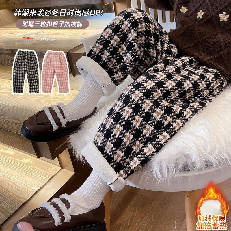 儿童秋冬裤子女孩时髦洋气格子加绒加厚长裤中小童女童保暖休闲裤