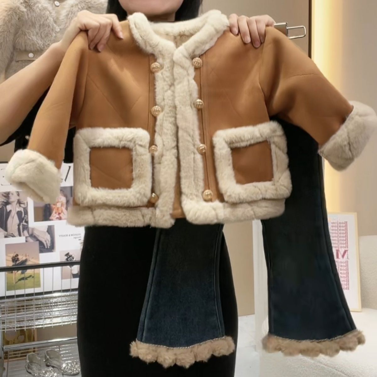女童冬季皮毛一体外套两件套女宝洋气保暖外套儿童加绒秋冬牛仔裤