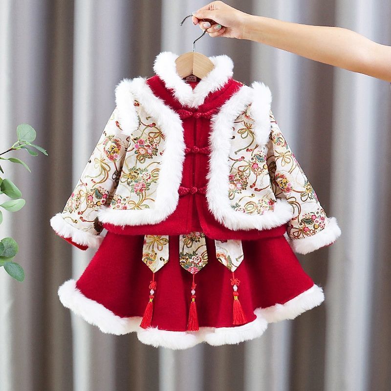 汉服女童冬季唐装加绒加厚套装宝宝中国风周岁礼服小童过年拜年服