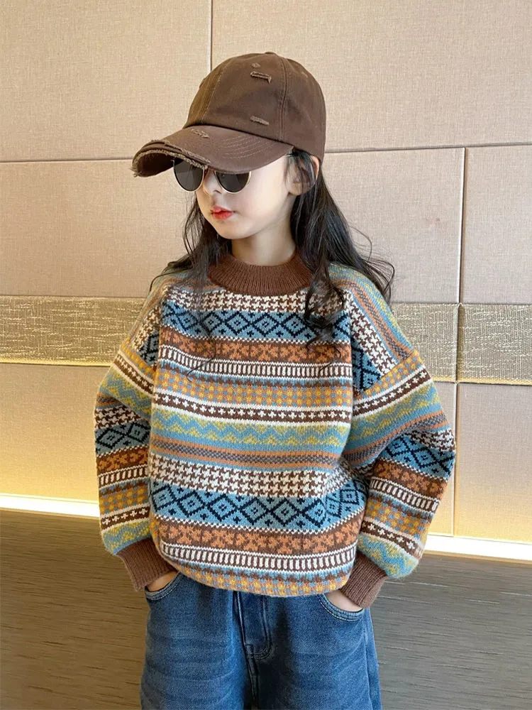 女童毛衣秋冬2024新款洋气儿童针织衫中大童加绒加厚复古保暖上衣