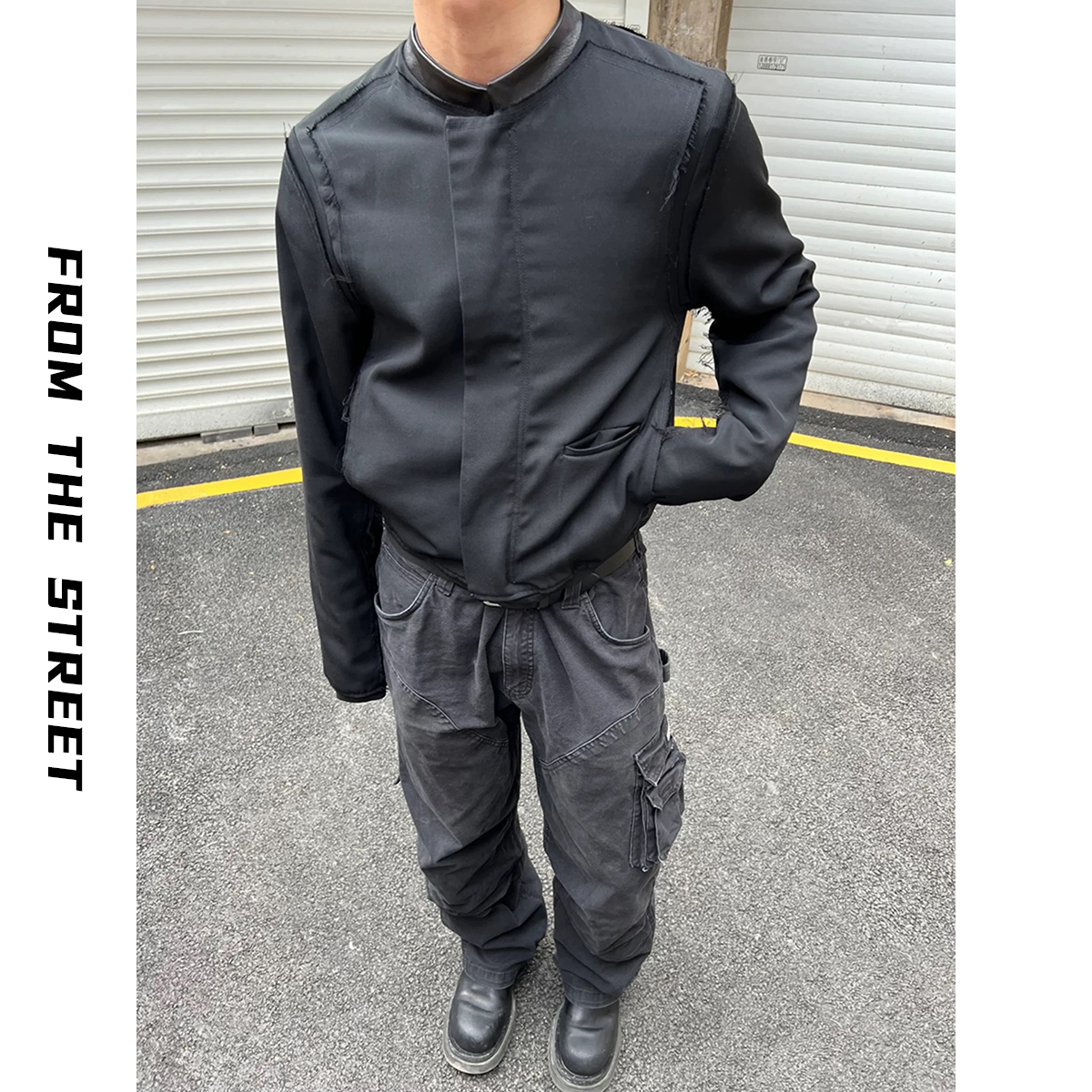来自街头春秋混纺流苏破坏cleanfit短款短宽老钱风休闲夹克外套男