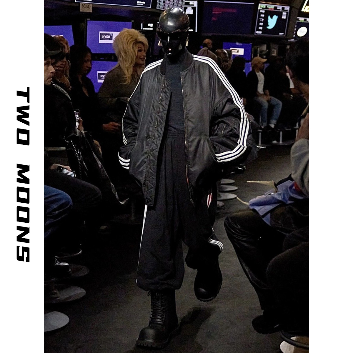 两个月亮冬季三条杠条纹廓形飞行棉服bomber拉链棉衣面包服棉袄男