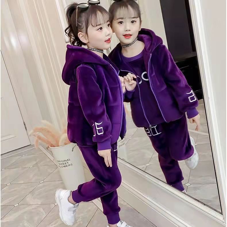 女童2023新款双面绒秋冬保暖套装女孩中大童加绒加厚宝女装三件套