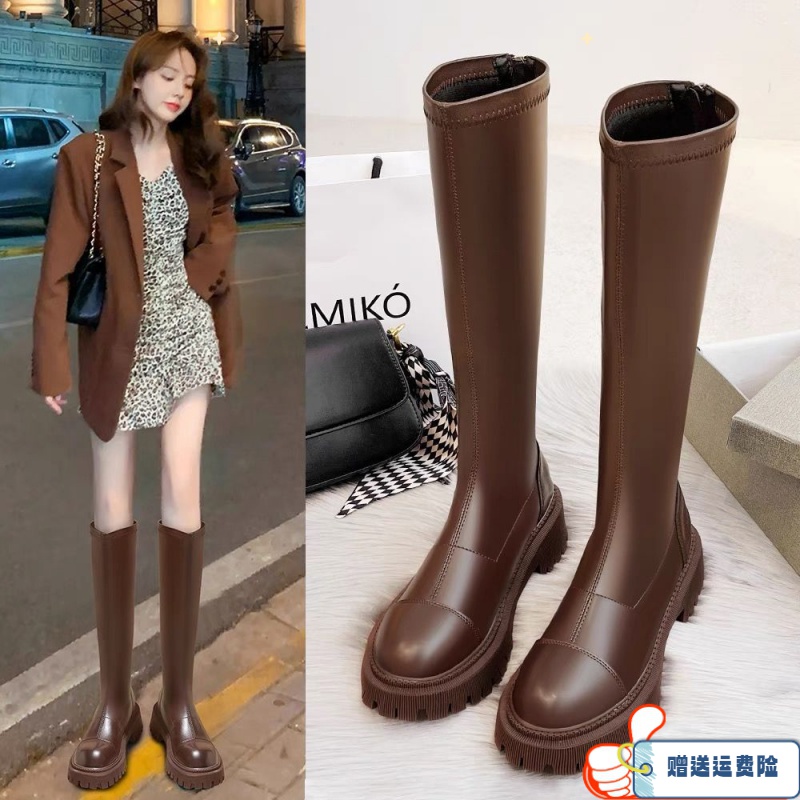 红蜻蜓牌长筒靴女2023新款厚底小个子不过膝骑士靴春秋显瘦高筒靴