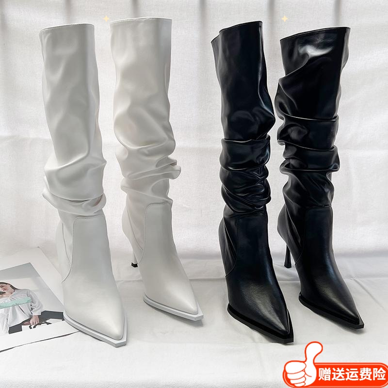 红蜻蜓牌褶皱高筒长靴女2023冬季细跟蛇纹堆堆靴高跟不过膝长筒靴