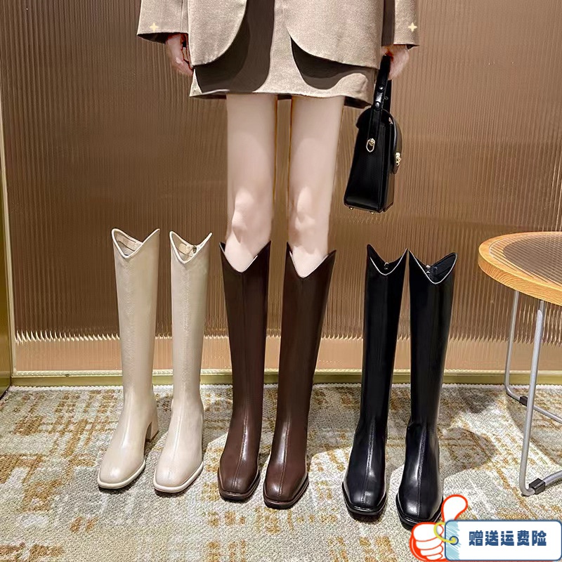 红蜻蜓牌高跟长筒靴女2023春秋冬新款棕色马丁靴粗跟不过膝高筒靴