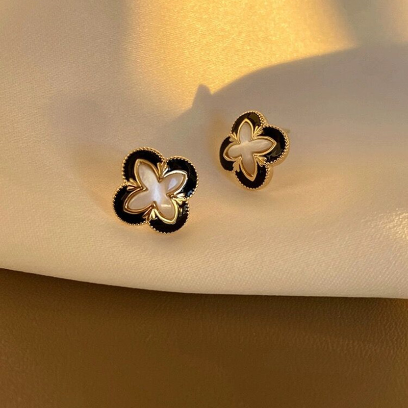 铜合金贝壳耳饰 181黑色滴油四叶草耳环耳钉925银针