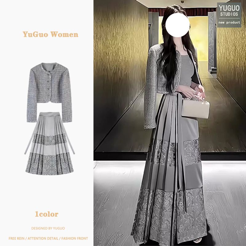 秋装搭配一整套2023新中式改良汉服灰色短款外套马面裙两件套装女