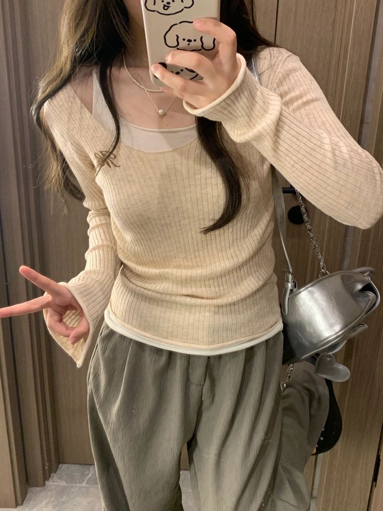 假两件针织打底衫女早秋设计感小众内搭修身显瘦时尚洋气长袖上衣
