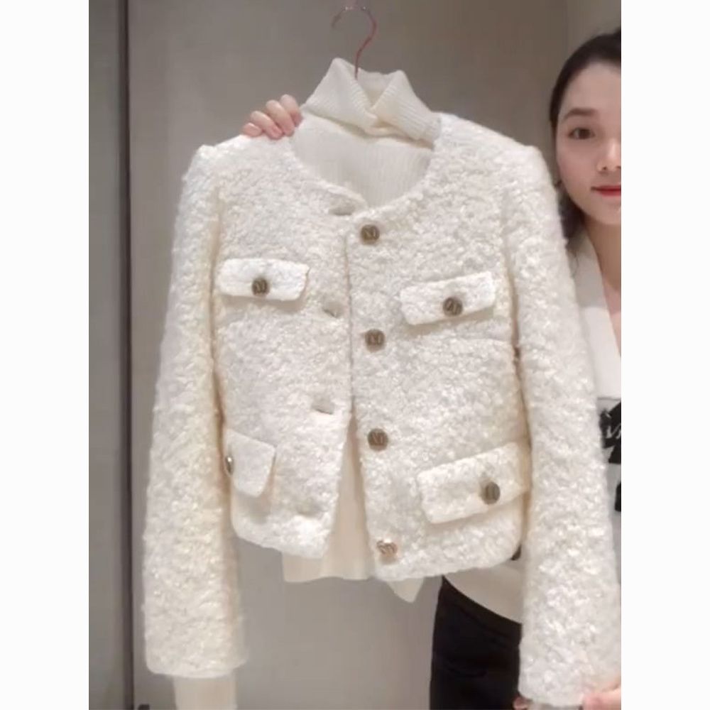 2023秋冬高级感超好看小香风白色短款呢子加棉加厚外套女小个子