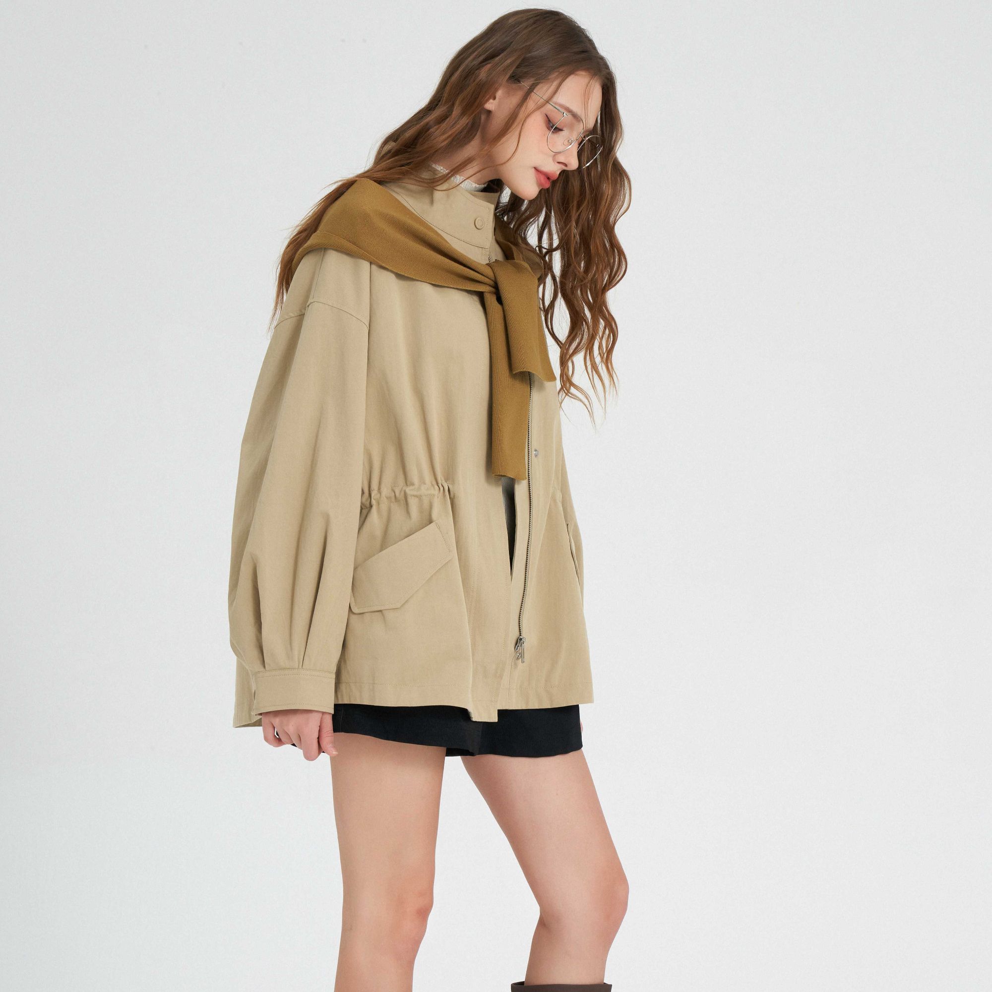 24秋VNN 针织披肩中长款风衣外套女2024秋装新款宽松抽绳收腰工装