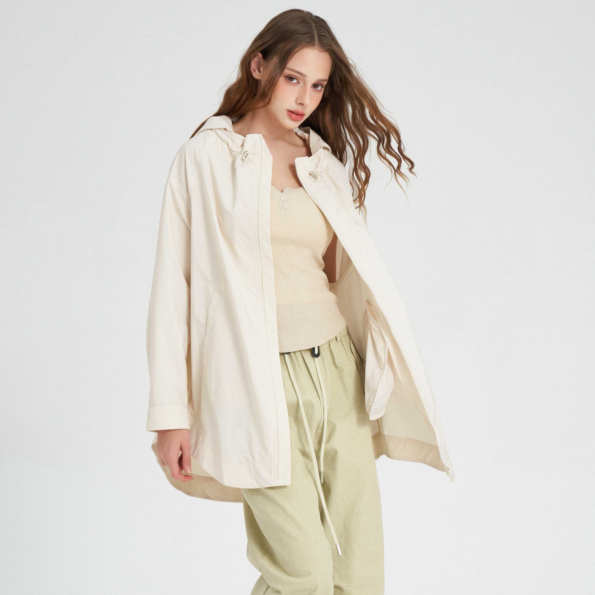 24秋VNN 休闲连帽风衣女中长款秋季新款韩版时尚简约宽松大衣外套