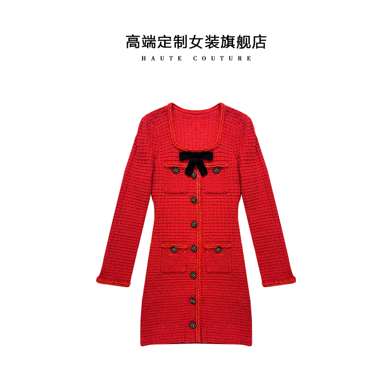 【SHIBO】明星同款秋冬红色小香风方领名媛修身针织礼服连衣裙