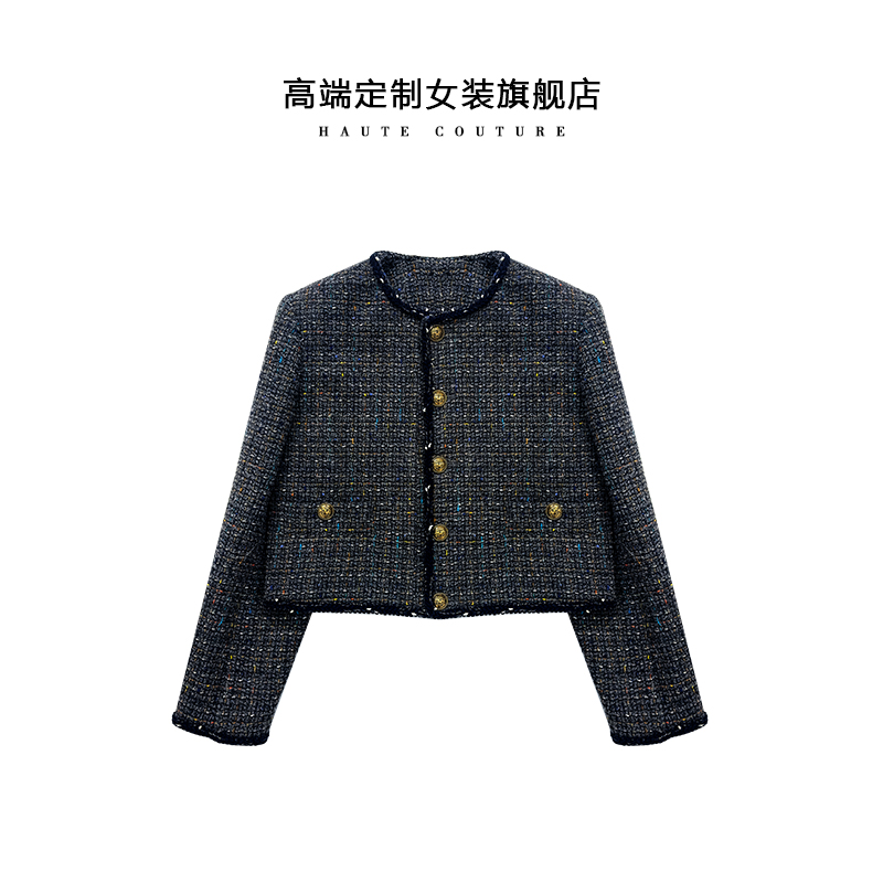 【SHIBO】法式小香风秋冬粗花呢编织格纹系扣短款长袖时尚百搭外套