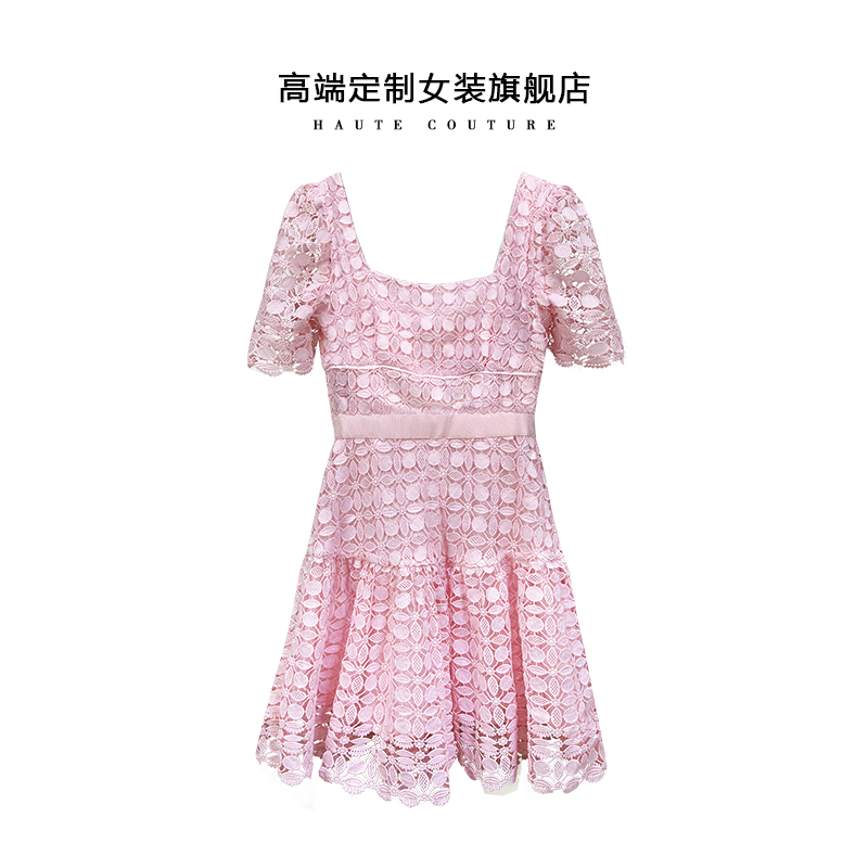 0109新款“莫奈花园”法式夏季时尚粉色仙女蕾丝镂空气质收腰连衣裙