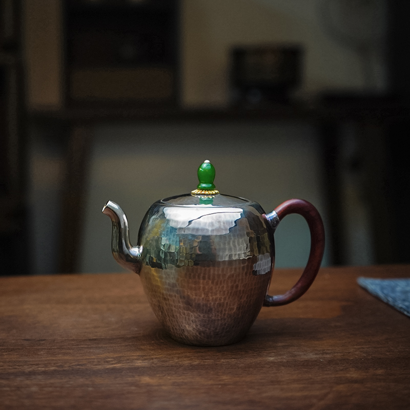 足银999美人肩泡茶壶功夫茶茶具日式家用锤纹一张打银壶 清霄