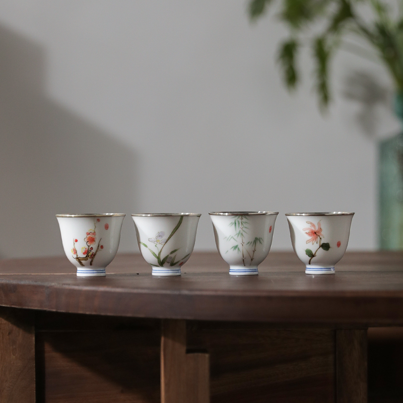 足银999包银杯主人品茗杯景德镇白瓷手绘杯梅兰竹菊套装茶杯 君华