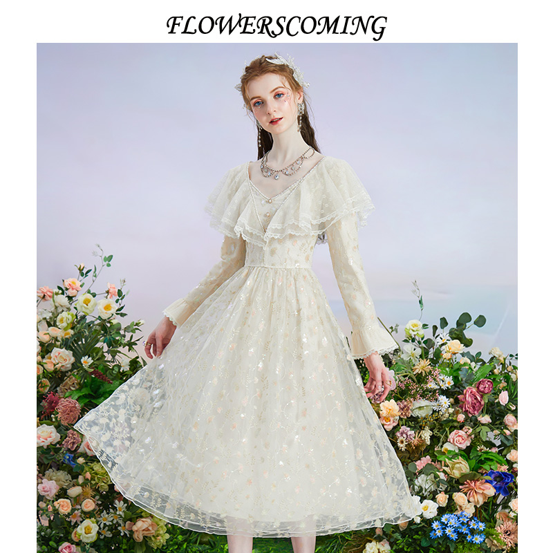 花儿开了2023秋季新款法式网纱刺绣连衣裙女气质V领荷叶边公主裙