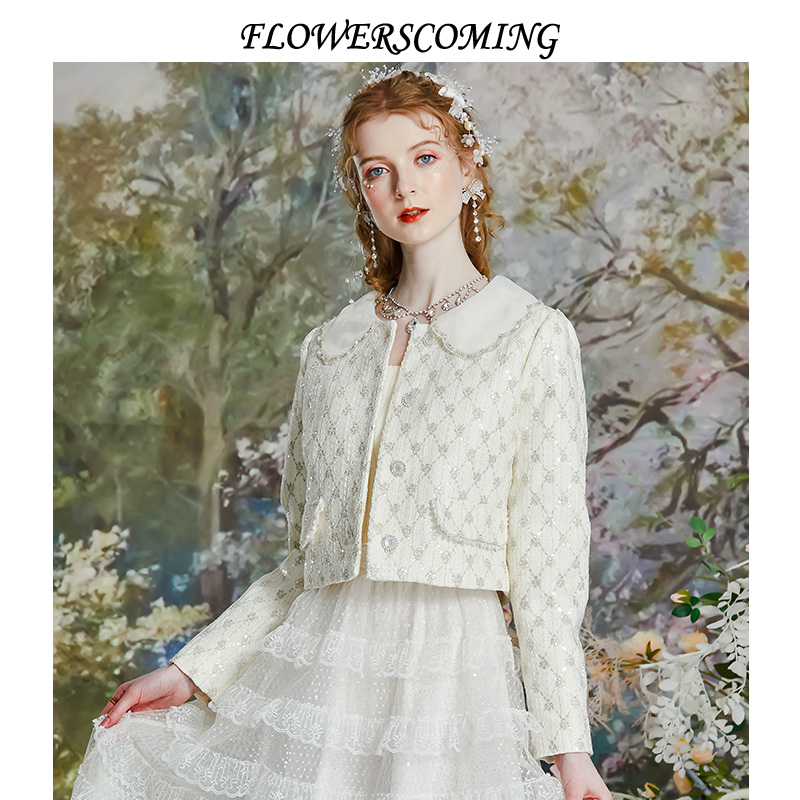 花儿开了2023春季新款粗花呢小香风外套女复古娃娃领气质短款上衣