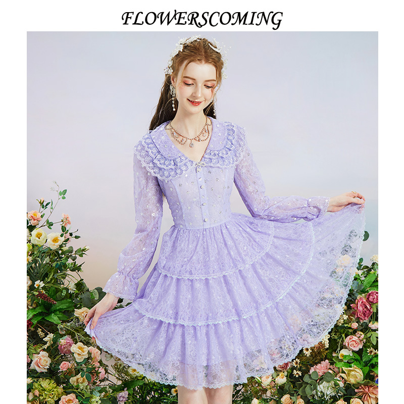花儿开了2023秋季新款法式蕾丝刺绣连衣裙女娃娃领收腰显瘦蛋糕裙