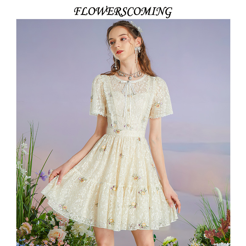 花儿开了法式蕾丝刺绣连衣裙女高腰修身复古风蛋糕裙FMXL375