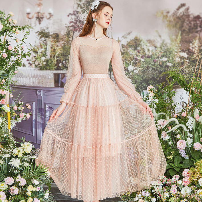 花儿开了2023春季新款法式复古网纱蕾丝半身裙女高腰中长款公主裙