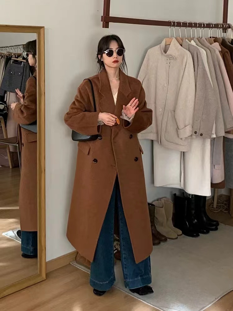 9888【九炫女装】双排扣秋冬手工双面气质韩版中长款大衣毛呢外套