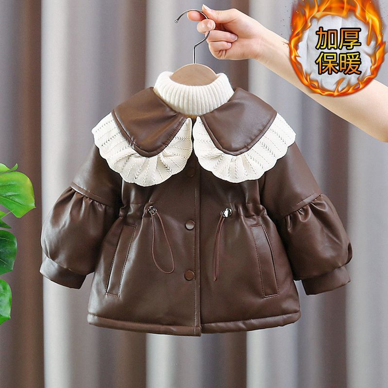 女童皮衣外套秋冬装洋气防风女宝宝洋气加绒加厚pu皮中长款秋冬款