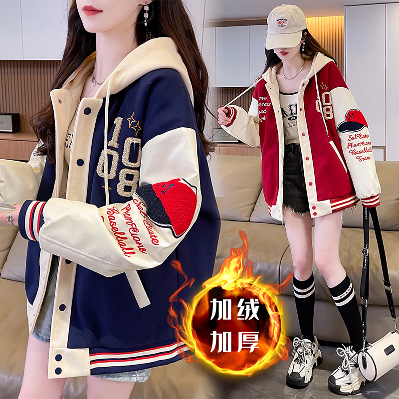 夹棉加厚棒球服外套女秋冬季2025年新款宽松初中高中学生夹棉外套