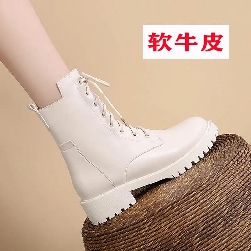 红蜻蜓牌高端真皮白色马丁靴女2023新款秋冬季短靴加绒前系带百搭