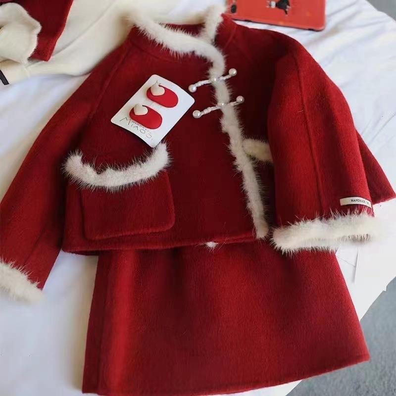 女童新年套装2023冬装新款宝宝加厚拜年服外套儿童洋气保暖两件套
