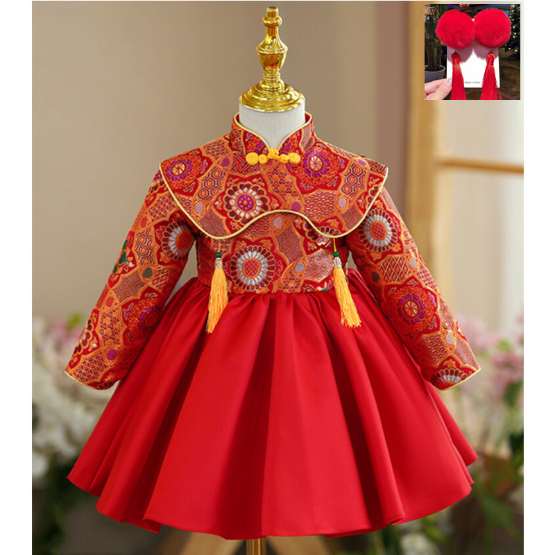 红色一周岁女宝宝礼服汉服婴幼儿中国风中式抓周宴拜年服摄影服