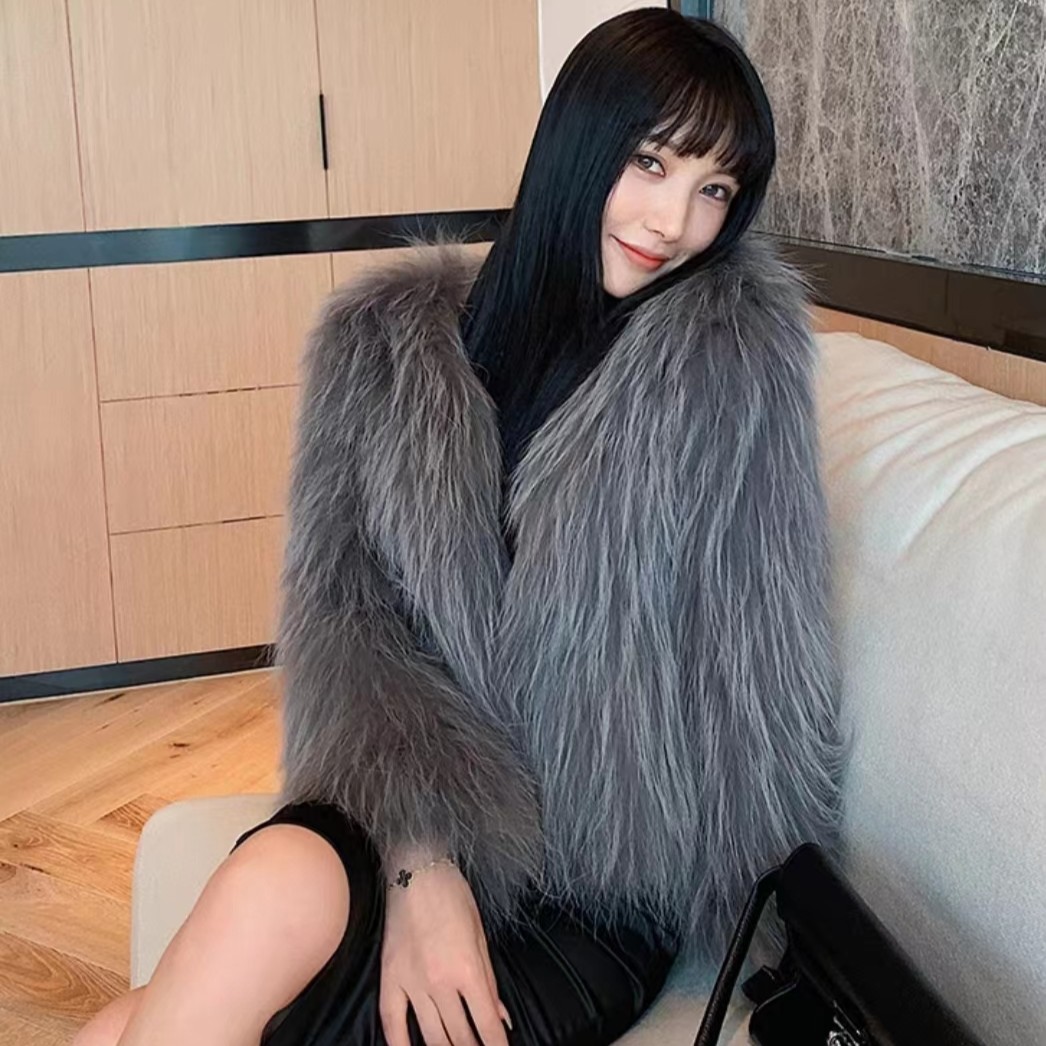 {大丽丽家}秋冬貉子毛双面加密加厚编织外套2023新款韩版时尚