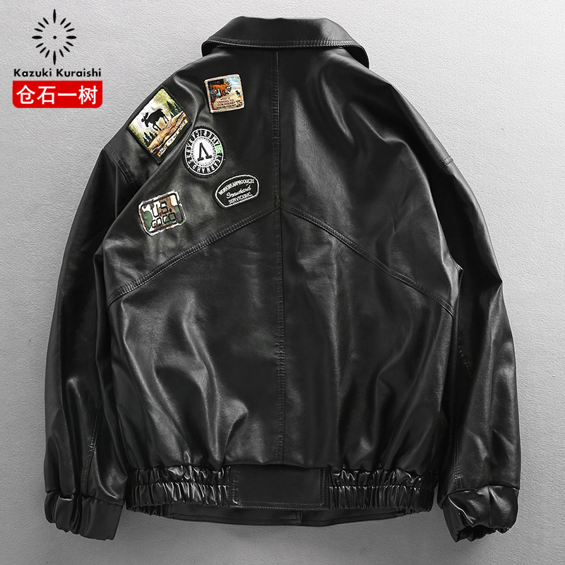 仓石一树潮牌机车服皮衣男春秋季宽松潮流痞帅飞行员夹克加厚外套