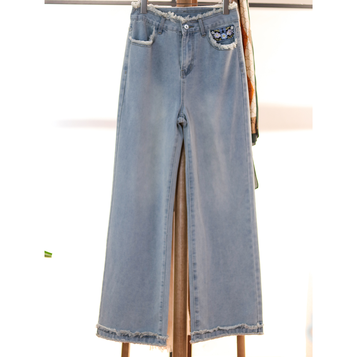 敲棒的水洗色~毛流苏感高腰宽松直筒阔腿牛仔裤长裤女MS473