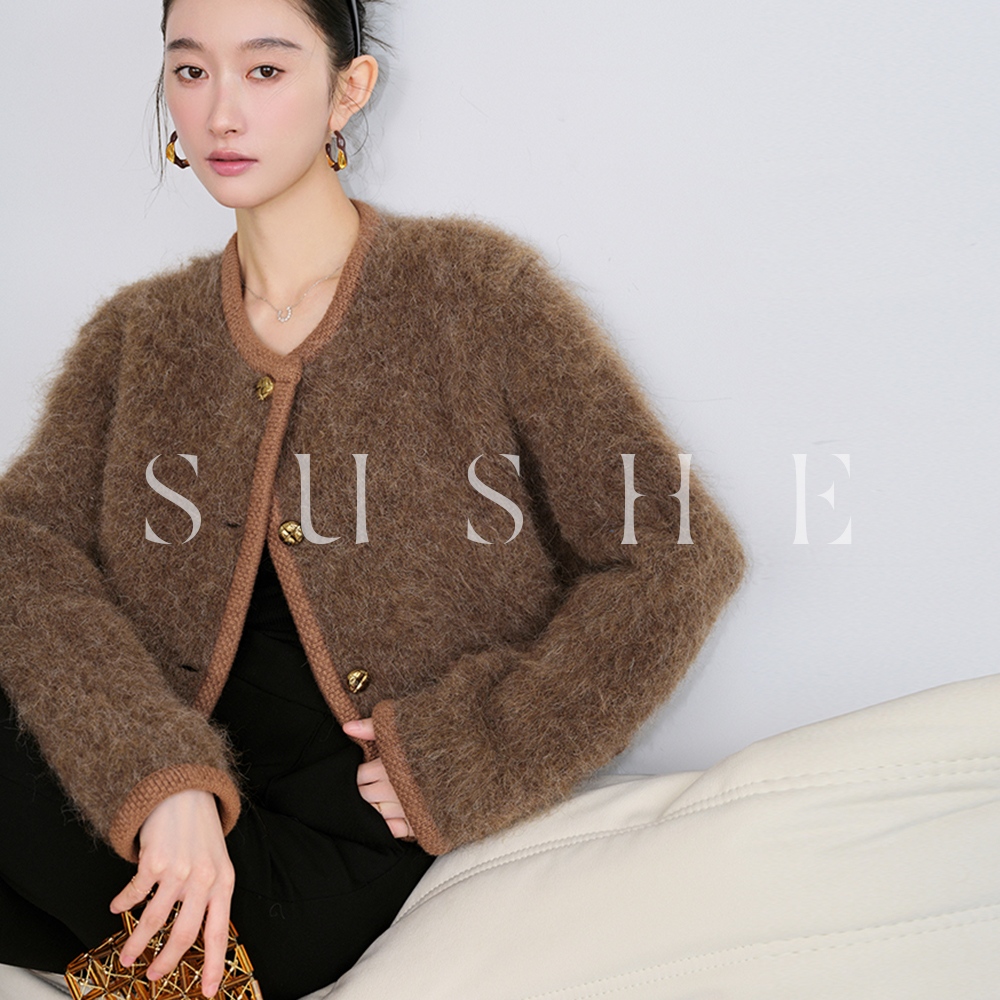 束皙SUSHESURI百搭轻奢秋冬女外套短款廓形毛毛外套女时尚