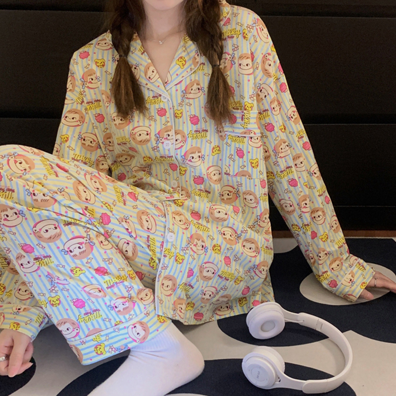 网红风卡通风睡衣新款秋季女款新款大码长袖长裤家居服套装网红