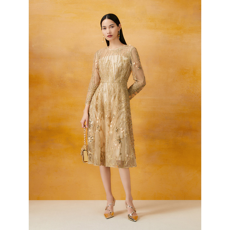 Song of Song歌中歌春季高定直金重工蕾丝刺绣连衣裙5C34105095