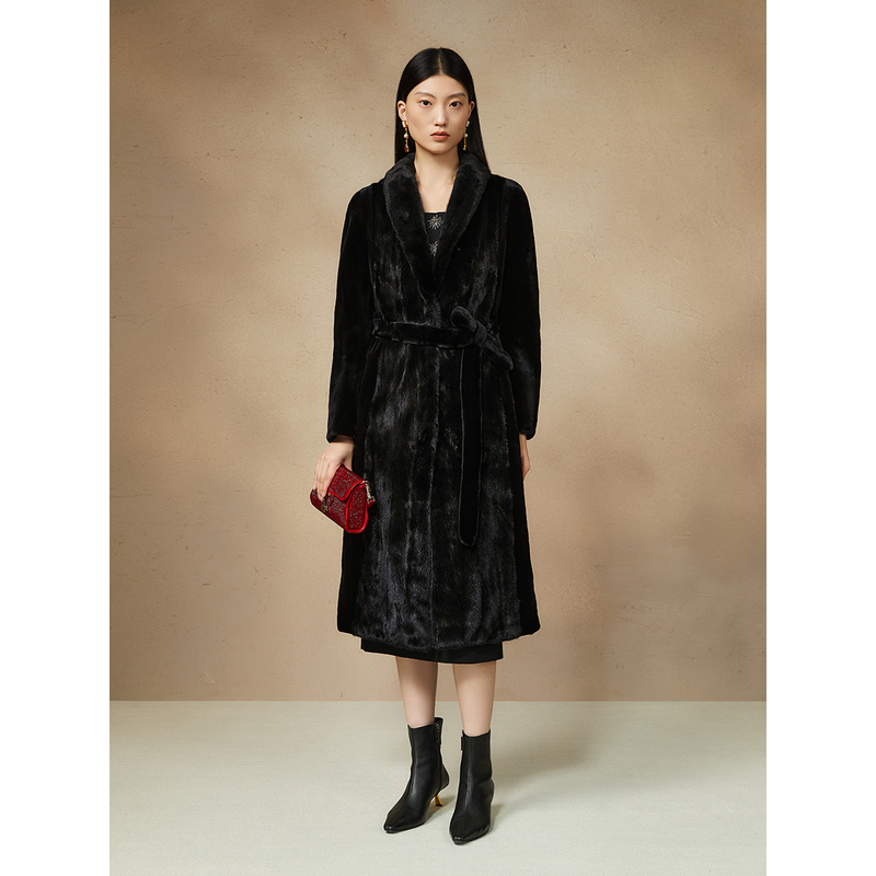 Song of Song歌中歌简约皮草大衣女长款系带保暖外套5C34509400