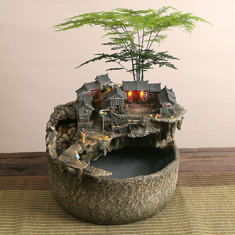 泊船瓜洲流水摆件造景烟火气房子鱼缸款经典怀旧植物盆栽懒人亮灯