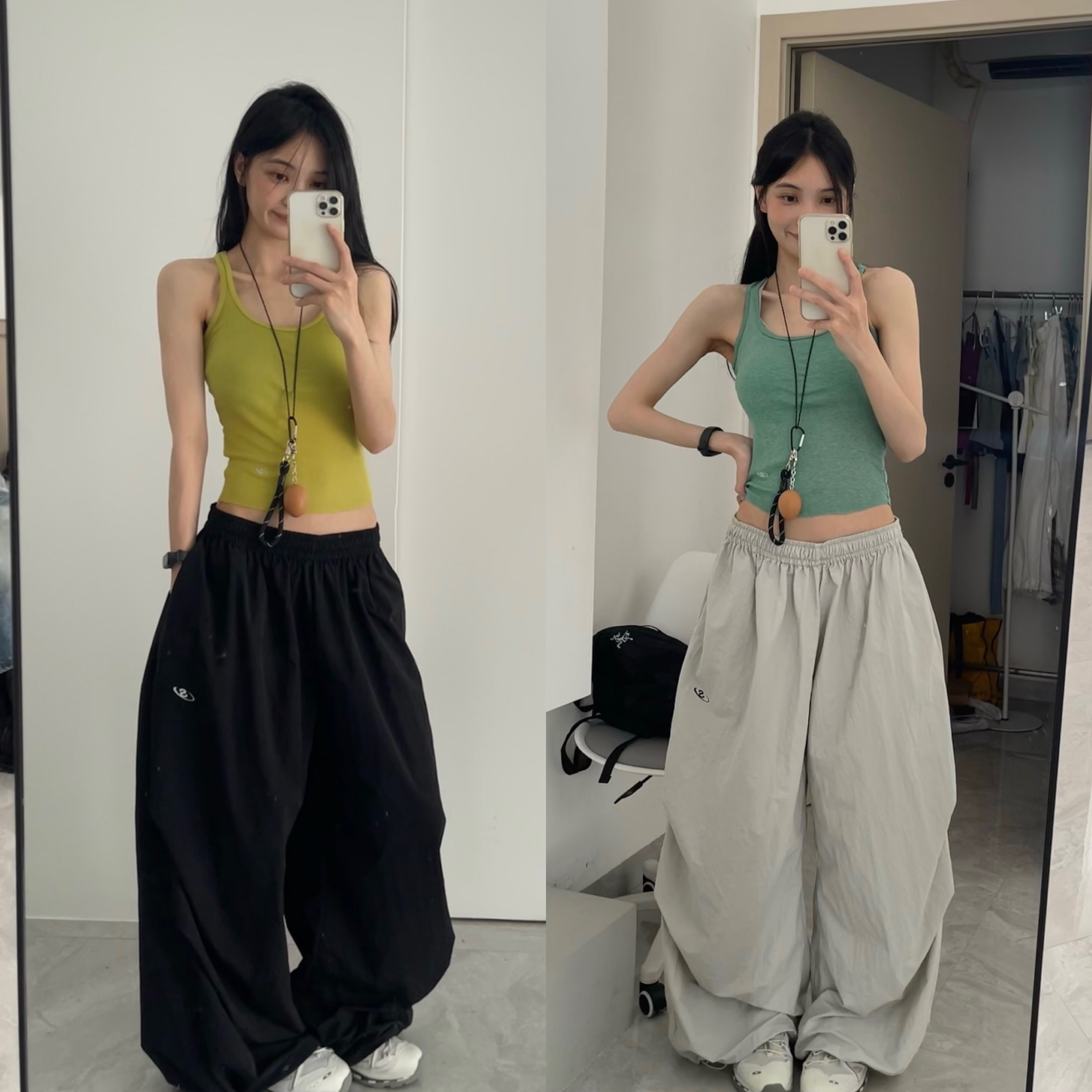 魚叁 夏季速干纯色降落伞工装裤松紧腰抽绳宽松皱褶美式工装长裤
