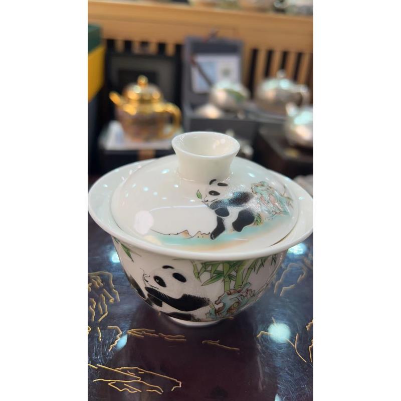 陶瓷熊猫大号二才盖碗茶杯单个白瓷泡茶家用防烫简约茶碗A86190