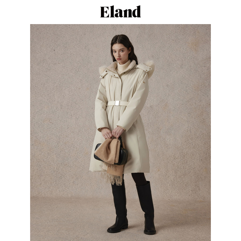 Eland衣恋羽绒服女纯色高领保暖连帽时尚收腰长款外套EEJDE4VE05