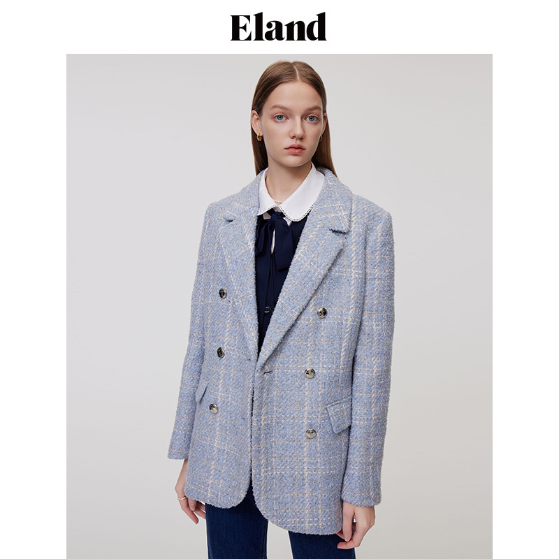 Eland衣恋毛呢西装女格纹外套千金玛德琳薄荷曼波上衣EEJKD6103I