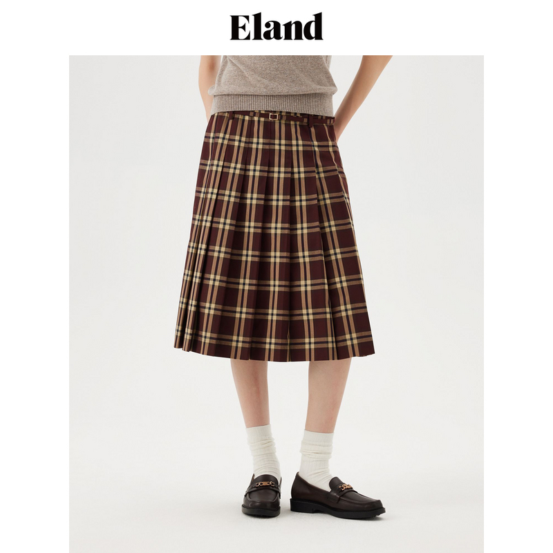Eland衣恋半身裙女同色细腰带舒适百褶中长裙EEWHE49D03
